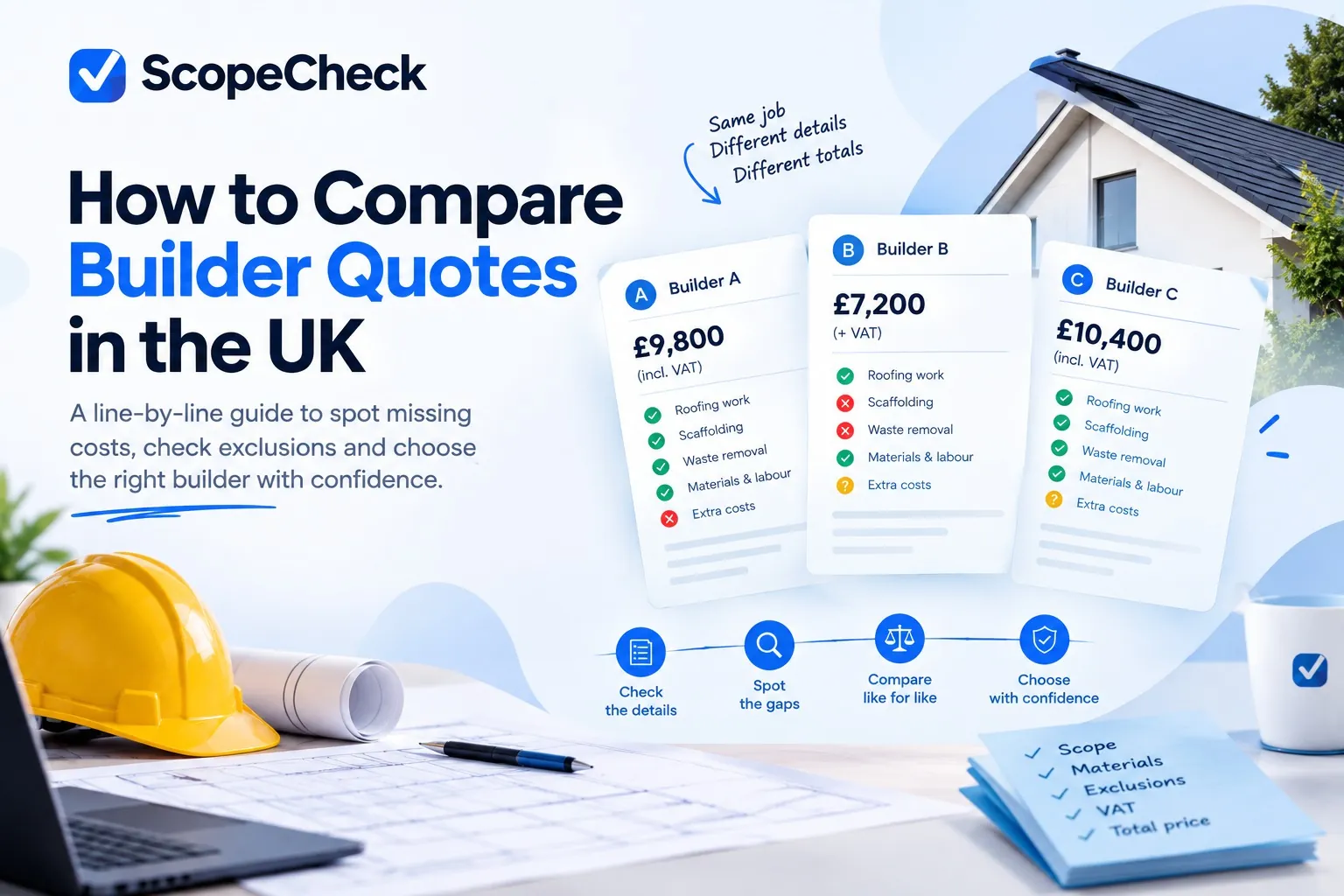 Three illustrative builder quotes side by side, each with different items ticked or crossed, next to a house roof and a checklist of scope, materials, exclusions, VAT and total price