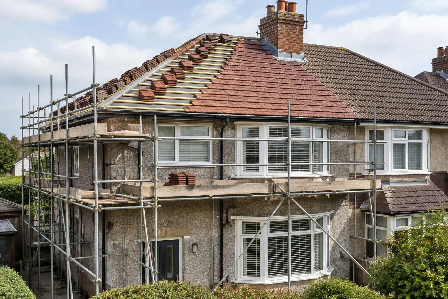 Illustration of a UK house with a tiled roof replacement and scaffolding